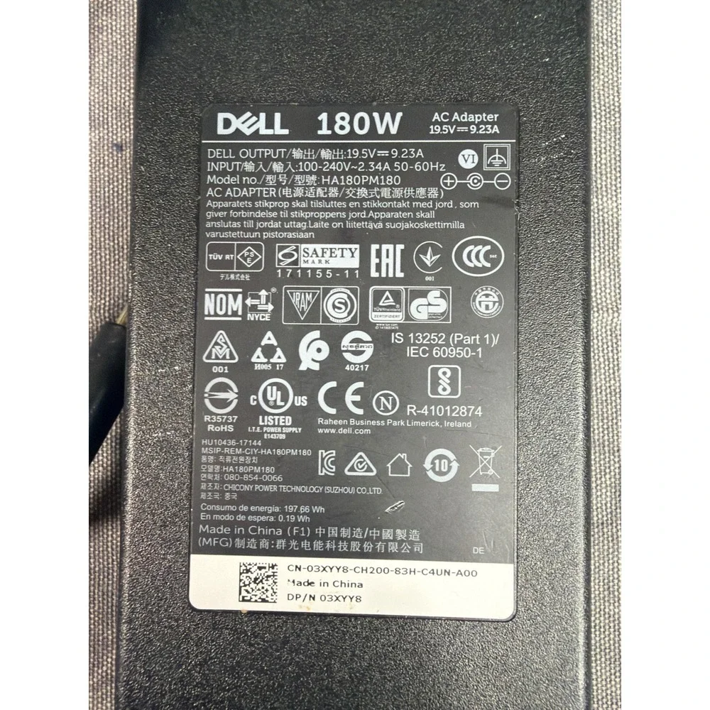 Dell AC Adapter HA180PM180 180W 19.5V 9.23A 03XYY8 Power Supply Charger Black